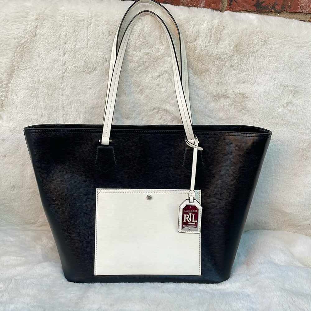 Slightly used, auth  RALPH LAUREN color blocking 100% Cow Leather Tote Bag